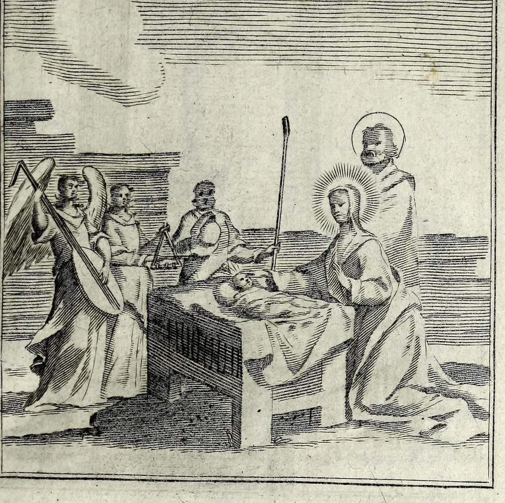 An illustration from L'agreable entretien des ames : sur 168 tableaux souscris de prieres, pour mediter les sts. misteres et pour regler nos vies et mœurs sur celles de n[ot]re sauueur Iesus Christ et de Ste. Marie sa mere, en disant le chapelet du rozaire, 1648, leaf 45