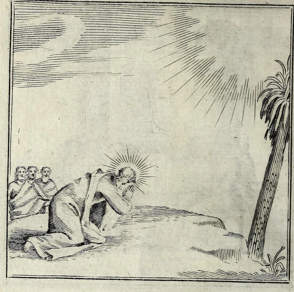 An illustration from L'agreable entretien des ames : sur 168 tableaux souscris de prieres, pour mediter les sts. misteres et pour regler nos vies et mœurs sur celles de n[ot]re sauueur Iesus Christ et de Ste. Marie sa mere, en disant le chapelet du rozaire, 1648, leaf 76