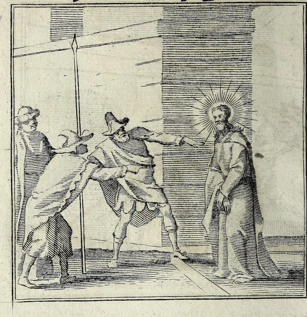 An illustration from L'agreable entretien des ames : sur 168 tableaux souscris de prieres, pour mediter les sts. misteres et pour regler nos vies et mœurs sur celles de n[ot]re sauueur Iesus Christ et de Ste. Marie sa mere, en disant le chapelet du rozaire, 1648, leaf 98