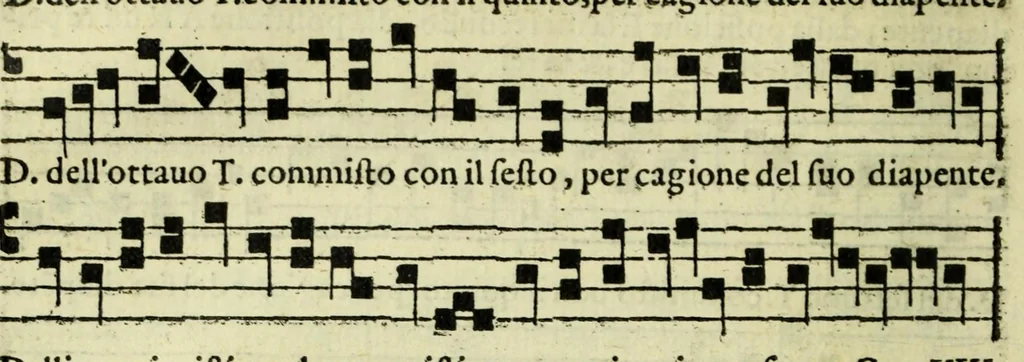 An illustration from La illuminata de tutti tuoni di canto fermo : con alcuni bellissimi secreti, non d'altrui piu scritti, 1562, leaf 68
