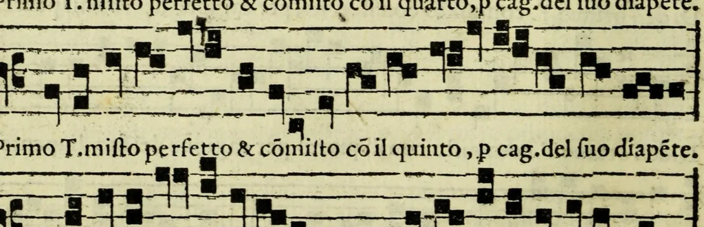 An illustration from La illuminata de tutti tuoni di canto fermo : con alcuni bellissimi secreti, non d'altrui piu scritti, 1562, leaf 68