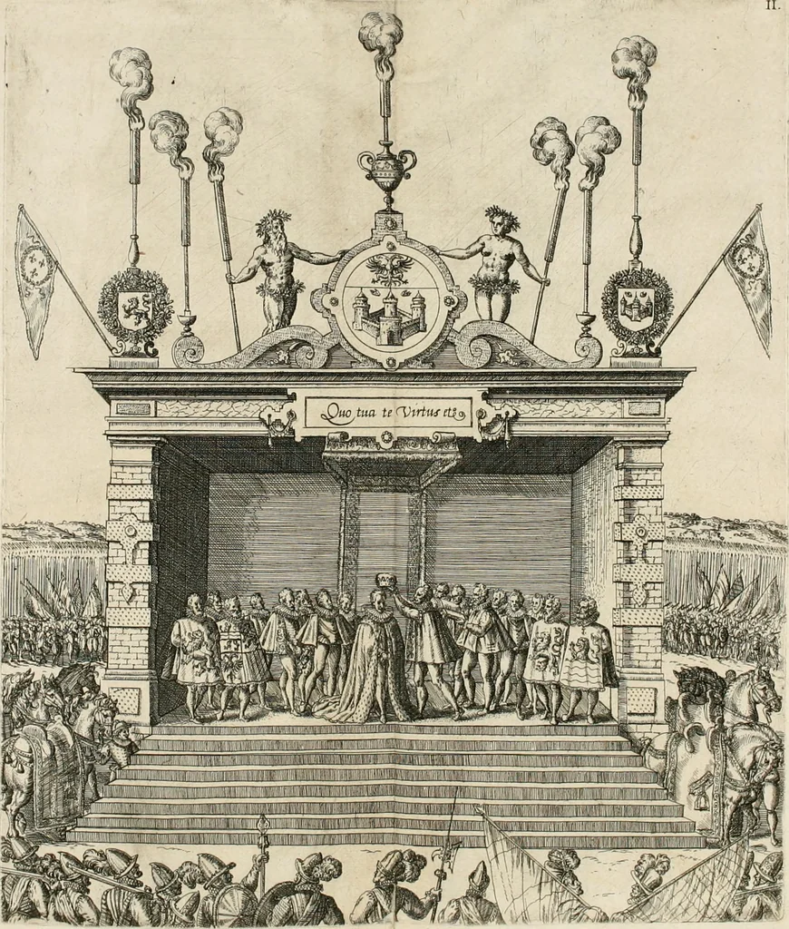 An illustration from La Ioyevse & magnifique entrée de Monseigneur Françoys, fils de France, et frere vnicqve dv Roy, par la grace de Dieu, Dvc de Brabant, d'Anjou, Alençon, Berri, &c. en sa tres-renommée ville d'Anvers, 1582, leaf 25