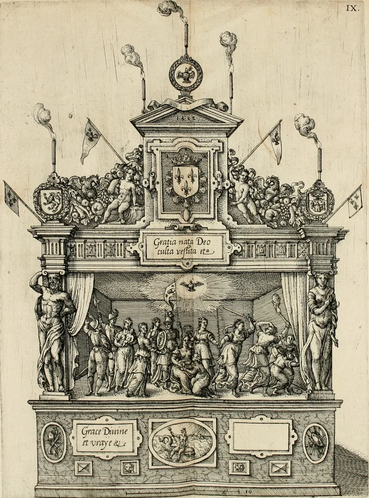 An illustration from La Ioyevse & magnifique entrée de Monseigneur Françoys, fils de France, et frere vnicqve dv Roy, par la grace de Dieu, Dvc de Brabant, d'Anjou, Alençon, Berri, &c. en sa tres-renommée ville d'Anvers, 1582, leaf 55