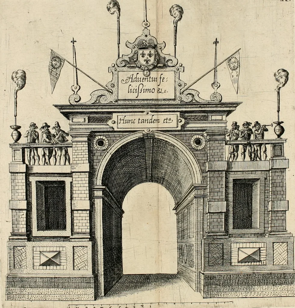 An illustration from La Ioyevse & magnifique entrée de Monseigneur Françoys, fils de France, et frere vnicqve dv Roy, par la grace de Dieu, Dvc de Brabant, d'Anjou, Alençon, Berri, &c. en sa tres-renommée ville d'Anvers, 1582, leaf 57