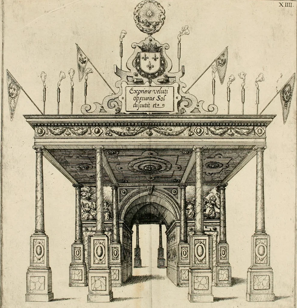 An illustration from La Ioyevse & magnifique entrée de Monseigneur Françoys, fils de France, et frere vnicqve dv Roy, par la grace de Dieu, Dvc de Brabant, d'Anjou, Alençon, Berri, &c. en sa tres-renommée ville d'Anvers, 1582, leaf 67