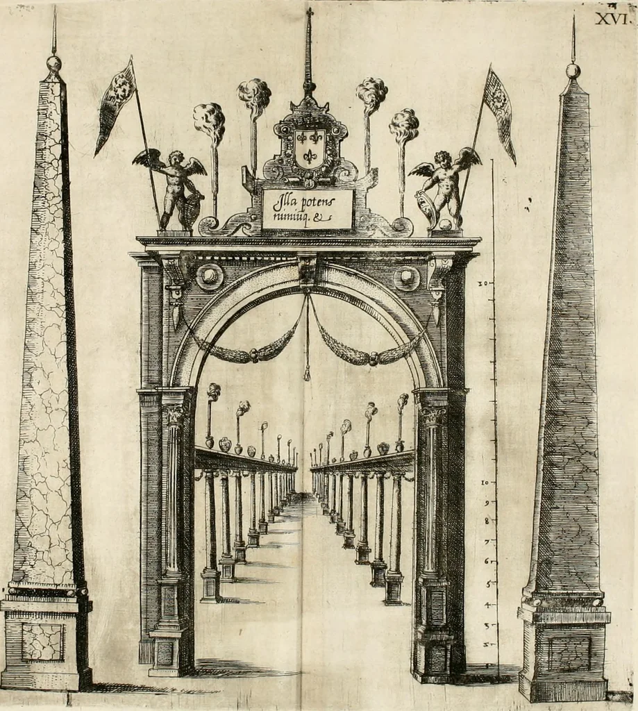 An illustration from La Ioyevse & magnifique entrée de Monseigneur Françoys, fils de France, et frere vnicqve dv Roy, par la grace de Dieu, Dvc de Brabant, d'Anjou, Alençon, Berri, &c. en sa tres-renommée ville d'Anvers, 1582, leaf 73