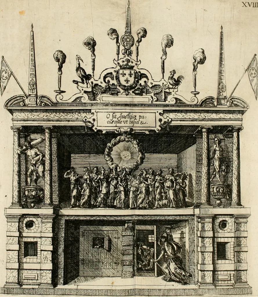 An illustration from La Ioyevse & magnifique entrée de Monseigneur Françoys, fils de France, et frere vnicqve dv Roy, par la grace de Dieu, Dvc de Brabant, d'Anjou, Alençon, Berri, &c. en sa tres-renommée ville d'Anvers, 1582, leaf 77