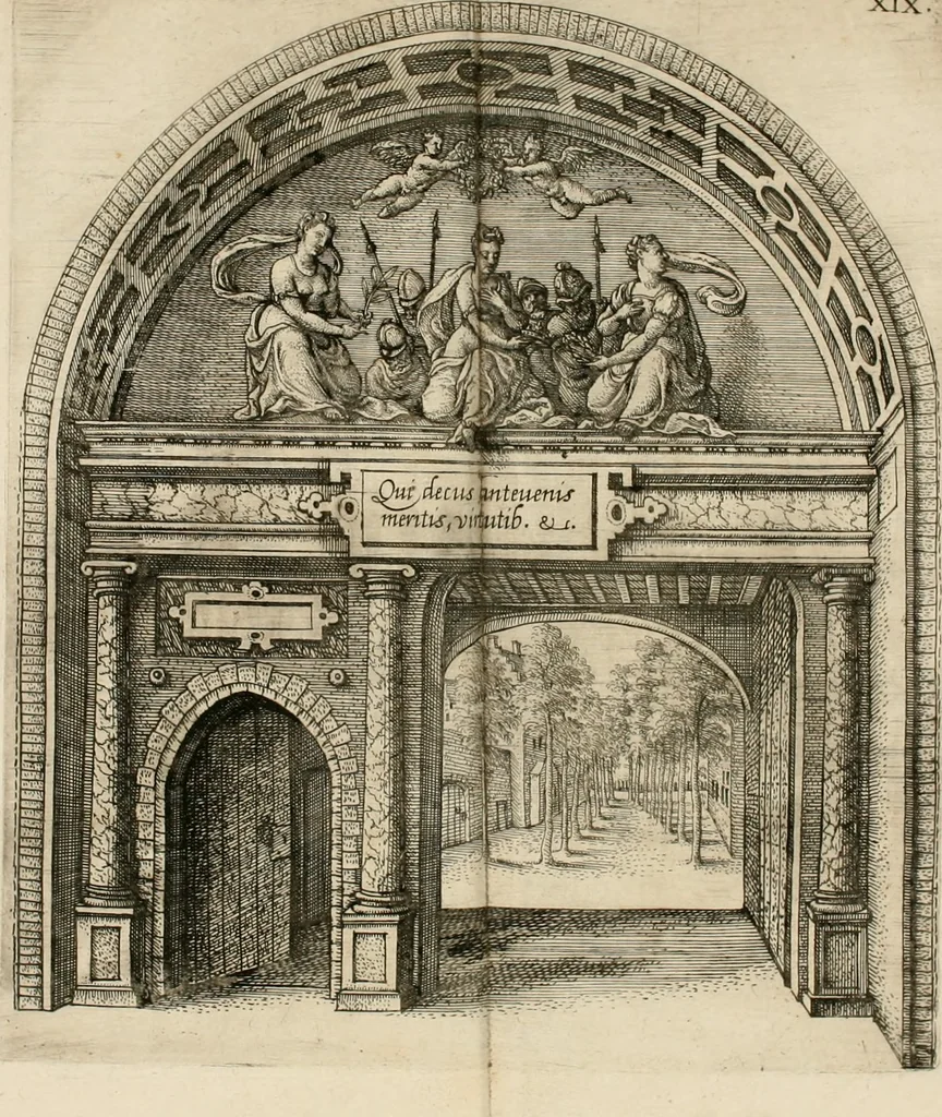 An illustration from La Ioyevse & magnifique entrée de Monseigneur Françoys, fils de France, et frere vnicqve dv Roy, par la grace de Dieu, Dvc de Brabant, d'Anjou, Alençon, Berri, &c. en sa tres-renommée ville d'Anvers, 1582, leaf 81