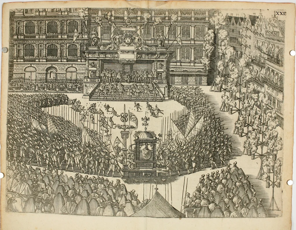 An illustration from La Ioyevse & magnifique entrée de Monseigneur Françoys, fils de France, et frere vnicqve dv Roy, par la grace de Dieu, Dvc de Brabant, d'Anjou, Alençon, Berri, &c. en sa tres-renommée ville d'Anvers, 1582, leaf 87