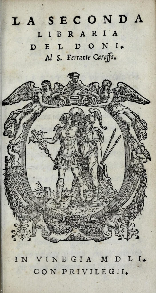 An illustration from La libraria del Doni fiorentino; nella quale sono scritti tutti gli autori volgari, con cento discorsi sopra quelli; tutte le tradottioni fatte dall'altre lingue nella nostra, & vna tauola generale, come si costuma fra librari.., 1551, leaf 219