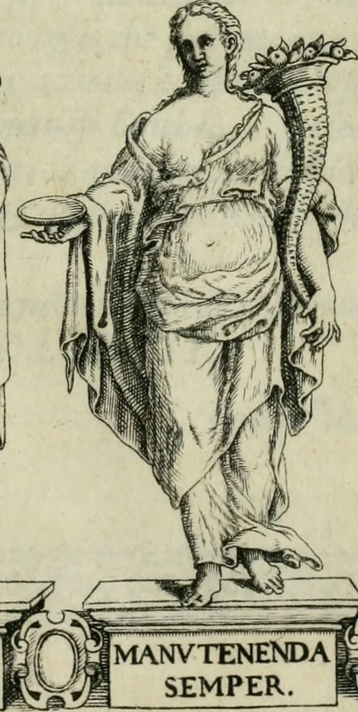 An illustration from L'alitinonfo di m. Gasparo Scaruffi Regiano, per fare ragione, et concordanza d'oro, e d'argento : che seruirà in vniuersale; tanto per prouedere à gli infiniti abusi del tosare, et guastare monete; quanto per regolare ogni sorte di pagamenti, et ridurre anco tutto il mondo ad vna sola moneta, 1582, leaf 4