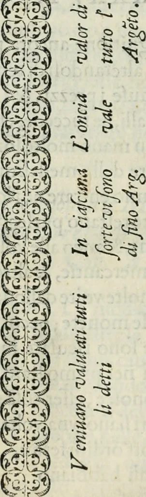 An illustration from L'alitinonfo di m. Gasparo Scaruffi Regiano, per fare ragione, et concordanza d'oro, e d'argento : che seruirà in vniuersale; tanto per prouedere à gli infiniti abusi del tosare, et guastare monete; quanto per regolare ogni sorte di pagamenti, et ridurre anco tutto il mondo ad vna sola moneta, 1582, leaf 91