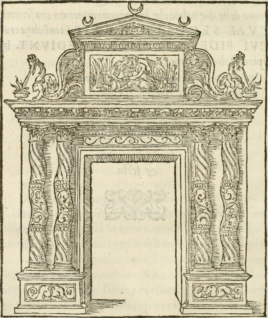 An illustration from La magnifica et trivmphale entrata del Christianiss. re di Francia Henrico secondo di questo nome fatta nella nobile & antiqua Città di Lyone à luy & à la sua serenissima consorte Chaterina alli 21. di septemb. 1548 : colla particulare descritione della commedia che fece recitare la Natione Fiorentina a richiesta di sua Maesta Christianissima, 1549, leaf 43