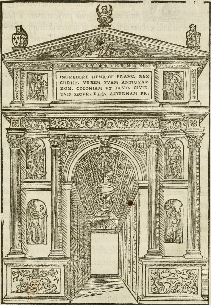 An illustration from La magnifica et trivmphale entrata del Christianiss. re di Francia Henrico secondo di questo nome fatta nella nobile & antiqua Città di Lyone à luy & à la sua serenissima consorte Chaterina alli 21. di septemb. 1548 : colla particulare descritione della commedia che fece recitare la Natione Fiorentina a richiesta di sua Maesta Christianissima, 1549, leaf 48