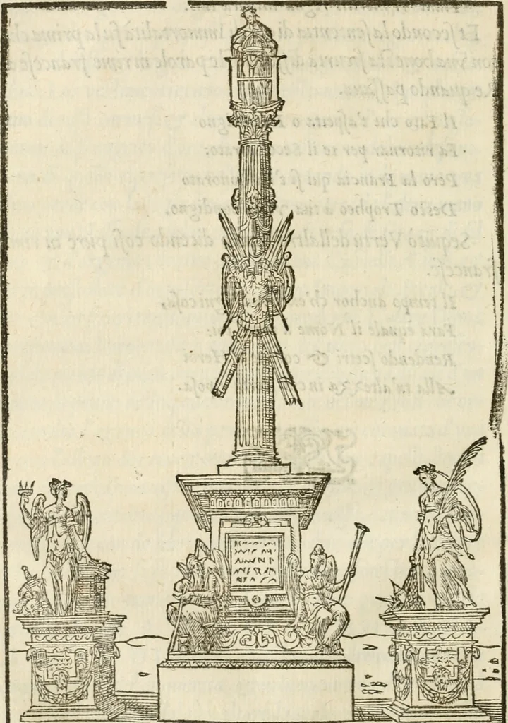 An illustration from La magnifica et trivmphale entrata del Christianiss. re di Francia Henrico secondo di questo nome fatta nella nobile & antiqua Città di Lyone à luy & à la sua serenissima consorte Chaterina alli 21. di septemb. 1548 : colla particulare descritione della commedia che fece recitare la Natione Fiorentina a richiesta di sua Maesta Christianissima, 1549, leaf 53