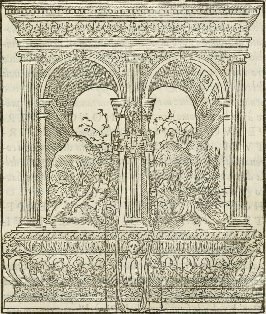 An illustration from La magnifica et trivmphale entrata del Christianiss. re di Francia Henrico secondo di questo nome fatta nella nobile & antiqua Città di Lyone à luy & à la sua serenissima consorte Chaterina alli 21. di septemb. 1548 : colla particulare descritione della commedia che fece recitare la Natione Fiorentina a richiesta di sua Maesta Christianissima, 1549, leaf 56
