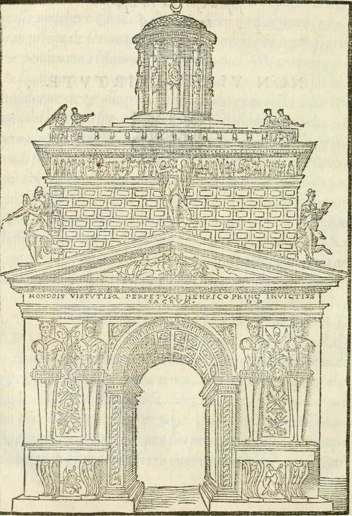 An illustration from La magnifica et trivmphale entrata del Christianiss. re di Francia Henrico secondo di questo nome fatta nella nobile & antiqua Città di Lyone à luy & à la sua serenissima consorte Chaterina alli 21. di septemb. 1548 : colla particulare descritione della commedia che fece recitare la Natione Fiorentina a richiesta di sua Maesta Christianissima, 1549, leaf 61