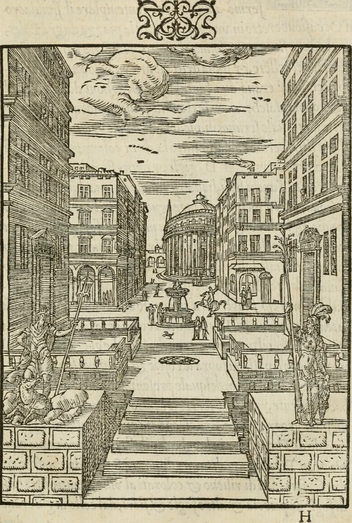 An illustration from La magnifica et trivmphale entrata del Christianiss. re di Francia Henrico secondo di questo nome fatta nella nobile & antiqua Città di Lyone à luy & à la sua serenissima consorte Chaterina alli 21. di septemb. 1548 : colla particulare descritione della commedia che fece recitare la Natione Fiorentina a richiesta di sua Maesta Christianissima, 1549, leaf 64