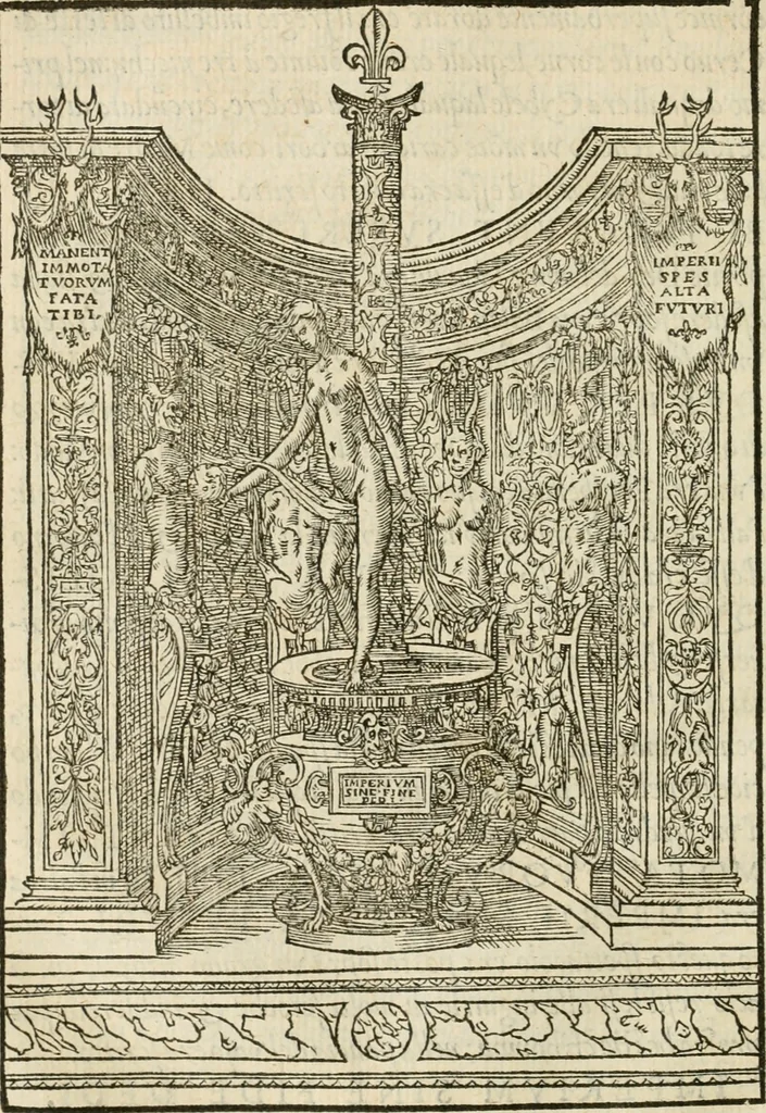 An illustration from La magnifica et trivmphale entrata del Christianiss. re di Francia Henrico secondo di questo nome fatta nella nobile & antiqua Città di Lyone à luy & à la sua serenissima consorte Chaterina alli 21. di septemb. 1548 : colla particulare descritione della commedia che fece recitare la Natione Fiorentina a richiesta di sua Maesta Christianissima, 1549, leaf 67