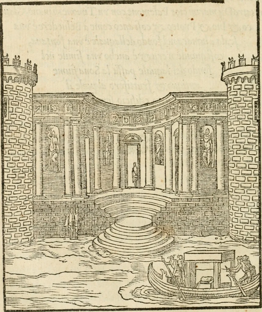 An illustration from La magnifica et trivmphale entrata del Christianiss. re di Francia Henrico secondo di questo nome fatta nella nobile & antiqua Città di Lyone à luy & à la sua serenissima consorte Chaterina alli 21. di septemb. 1548 : colla particulare descritione della commedia che fece recitare la Natione Fiorentina a richiesta di sua Maesta Christianissima, 1549, leaf 73