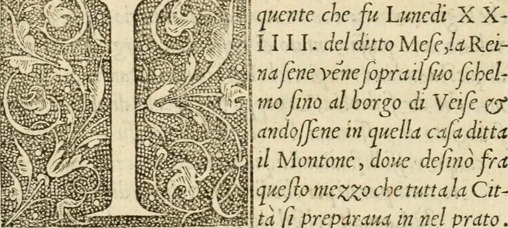 An illustration from La magnifica et trivmphale entrata del Christianiss. re di Francia Henrico secondo di questo nome fatta nella nobile & antiqua Città di Lyone à luy & à la sua serenissima consorte Chaterina alli 21. di septemb. 1548 : colla particulare descritione della commedia che fece recitare la Natione Fiorentina a richiesta di sua Maesta Christianissima, 1549, leaf 77
