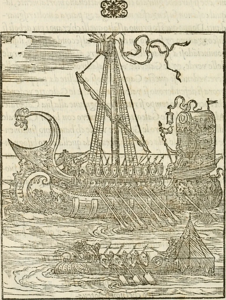 An illustration from La magnifica et trivmphale entrata del Christianiss. re di Francia Henrico secondo di questo nome fatta nella nobile & antiqua Città di Lyone à luy & à la sua serenissima consorte Chaterina alli 21. di septemb. 1548 : colla particulare descritione della commedia che fece recitare la Natione Fiorentina a richiesta di sua Maesta Christianissima, 1549, leaf 89