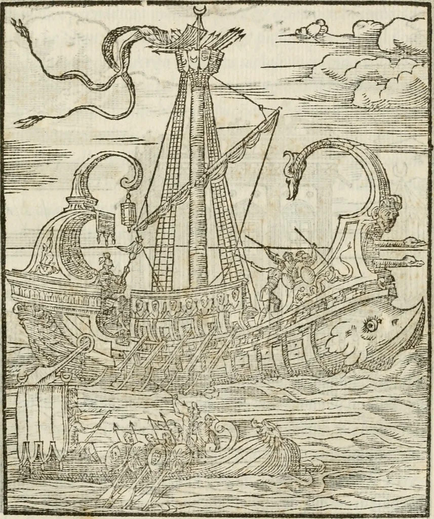 An illustration from La magnifica et trivmphale entrata del Christianiss. re di Francia Henrico secondo di questo nome fatta nella nobile & antiqua Città di Lyone à luy & à la sua serenissima consorte Chaterina alli 21. di septemb. 1548 : colla particulare descritione della commedia che fece recitare la Natione Fiorentina a richiesta di sua Maesta Christianissima, 1549, leaf 90