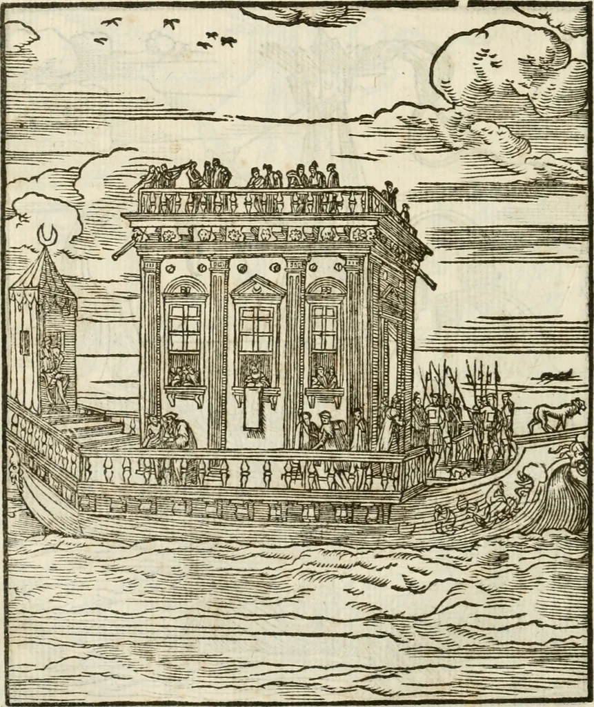 An illustration from La magnifica et trivmphale entrata del Christianiss. re di Francia Henrico secondo di questo nome fatta nella nobile & antiqua Città di Lyone à luy & à la sua serenissima consorte Chaterina alli 21. di septemb. 1548 : colla particulare descritione della commedia che fece recitare la Natione Fiorentina a richiesta di sua Maesta Christianissima, 1549, leaf 91