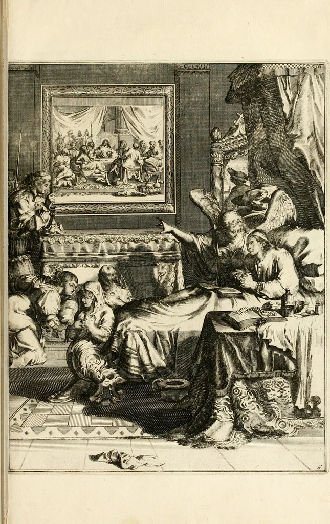 An illustration from La maniere de se bien preparer a la mort par des considerations sur la cene, la passion, & la mort de Jesus-Christ : avec de trés-belles estampes emblematiques, 1700, leaf 44