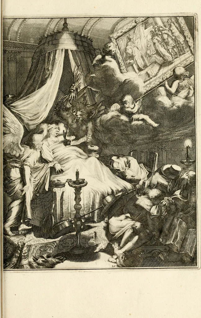 An illustration from La maniere de se bien preparer a la mort par des considerations sur la cene, la passion, & la mort de Jesus-Christ : avec de trés-belles estampes emblematiques, 1700, leaf 92