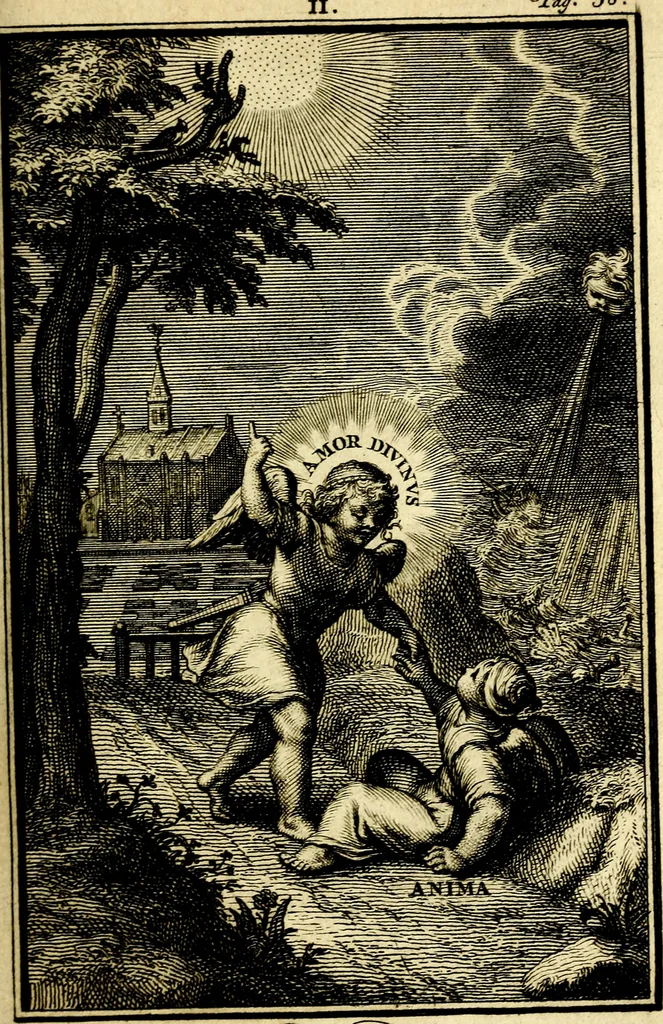 An illustration from L'ame amante de son Dieu, representée dans les emblémes de Hermannus Hugo sur ses pieux desirs: & dans ceux d'Othon Vaenius sur l'amour divin, 1717, leaf 186