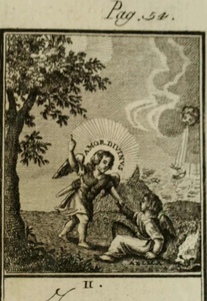 An illustration from L'ame amante de son Dieu, représentée dans les emblemes de Hermannus Hugo, et dans ceux d'Othon Vaenius sur l'amour divin. Avec des figures nouvelles accompagnées de vers qui en font l'application aux dispositions les plus essentielles de la vie intérieure, 1790, leaf 104