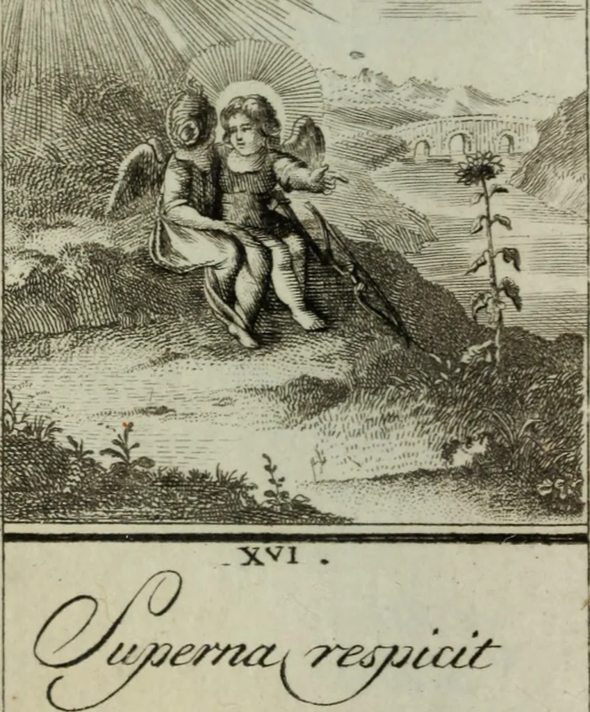 An illustration from L'ame amante de son Dieu, représentée dans les emblemes de Hermannus Hugo, et dans ceux d'Othon Vaenius sur l'amour divin. Avec des figures nouvelles accompagnées de vers qui en font l'application aux dispositions les plus essentielles de la vie intérieure, 1790, leaf 125