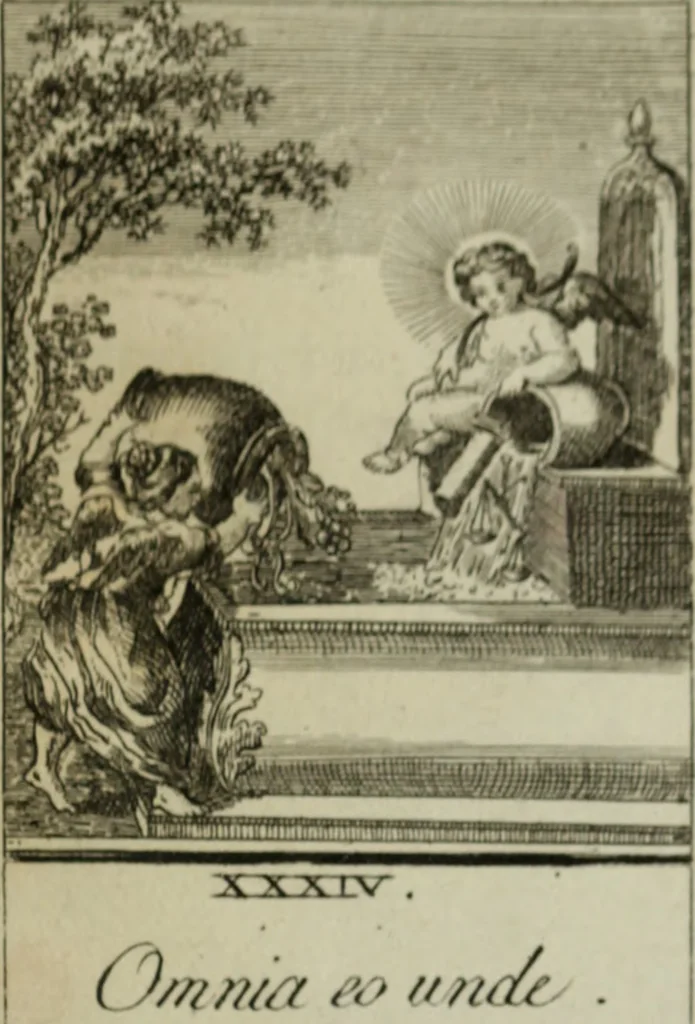 An illustration from L'ame amante de son Dieu, représentée dans les emblemes de Hermannus Hugo, et dans ceux d'Othon Vaenius sur l'amour divin. Avec des figures nouvelles accompagnées de vers qui en font l'application aux dispositions les plus essentielles de la vie intérieure, 1790, leaf 162