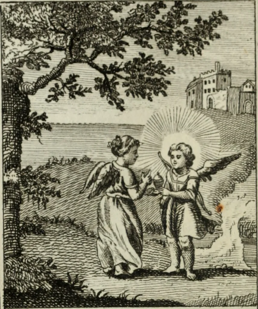 An illustration from L'ame amante de son Dieu, représentée dans les emblemes de Hermannus Hugo, et dans ceux d'Othon Vaenius sur l'amour divin. Avec des figures nouvelles accompagnées de vers qui en font l'application aux dispositions les plus essentielles de la vie intérieure, 1790, leaf 195