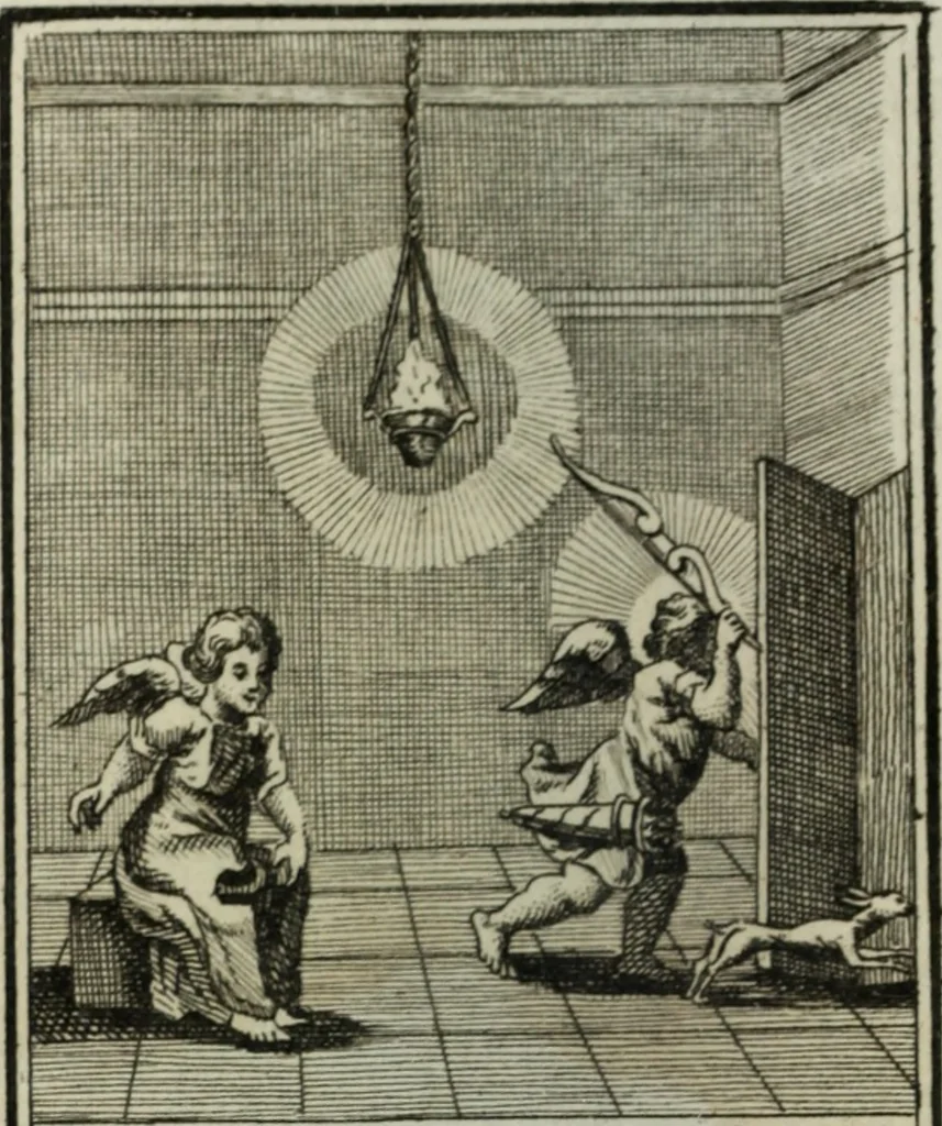 An illustration from L'ame amante de son Dieu, représentée dans les emblemes de Hermannus Hugo, et dans ceux d'Othon Vaenius sur l'amour divin. Avec des figures nouvelles accompagnées de vers qui en font l'application aux dispositions les plus essentielles de la vie intérieure, 1790, leaf 195