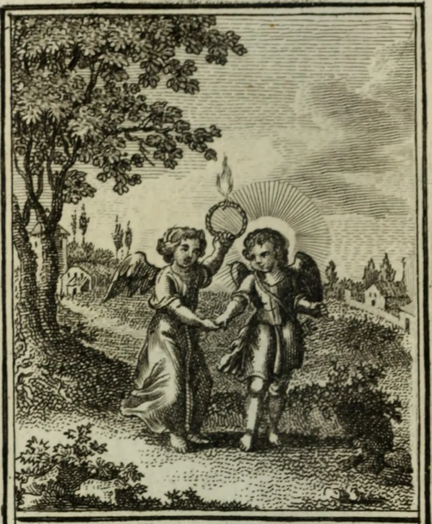 An illustration from L'ame amante de son Dieu, représentée dans les emblemes de Hermannus Hugo, et dans ceux d'Othon Vaenius sur l'amour divin. Avec des figures nouvelles accompagnées de vers qui en font l'application aux dispositions les plus essentielles de la vie intérieure, 1790, leaf 209