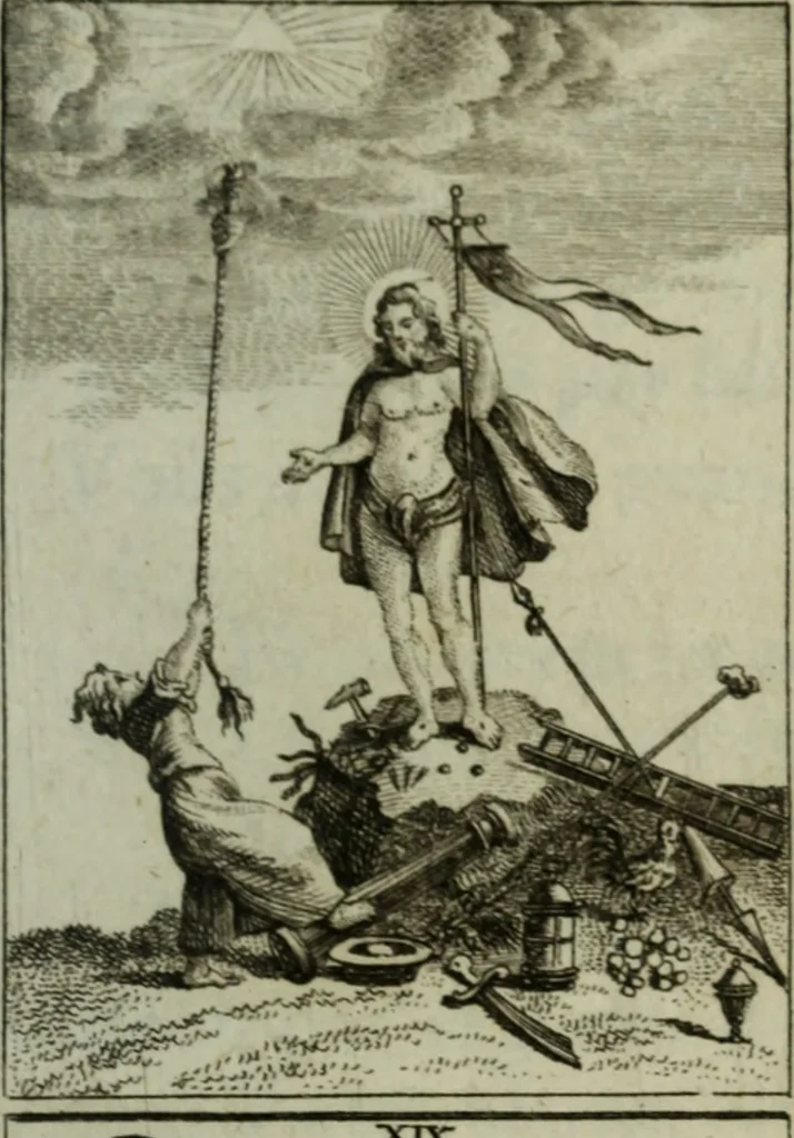 An illustration from L'ame amante de son Dieu, représentée dans les emblemes de Hermannus Hugo, et dans ceux d'Othon Vaenius sur l'amour divin. Avec des figures nouvelles accompagnées de vers qui en font l'application aux dispositions les plus essentielles de la vie intérieure, 1790, leaf 244