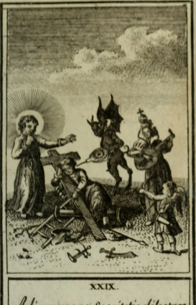 An illustration from L'ame amante de son Dieu, représentée dans les emblemes de Hermannus Hugo, et dans ceux d'Othon Vaenius sur l'amour divin. Avec des figures nouvelles accompagnées de vers qui en font l'application aux dispositions les plus essentielles de la vie intérieure, 1790, leaf 258