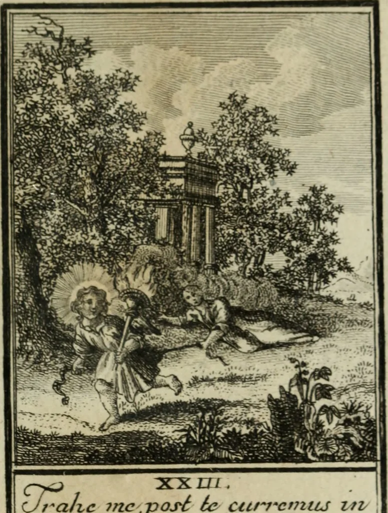 An illustration from L'ame amante de son Dieu, représentée dans les emblemes de Hermannus Hugo, et dans ceux d'Othon Vaenius sur l'amour divin. Avec des figures nouvelles accompagnées de vers qui en font l'application aux dispositions les plus essentielles de la vie intérieure, 1790, leaf 60