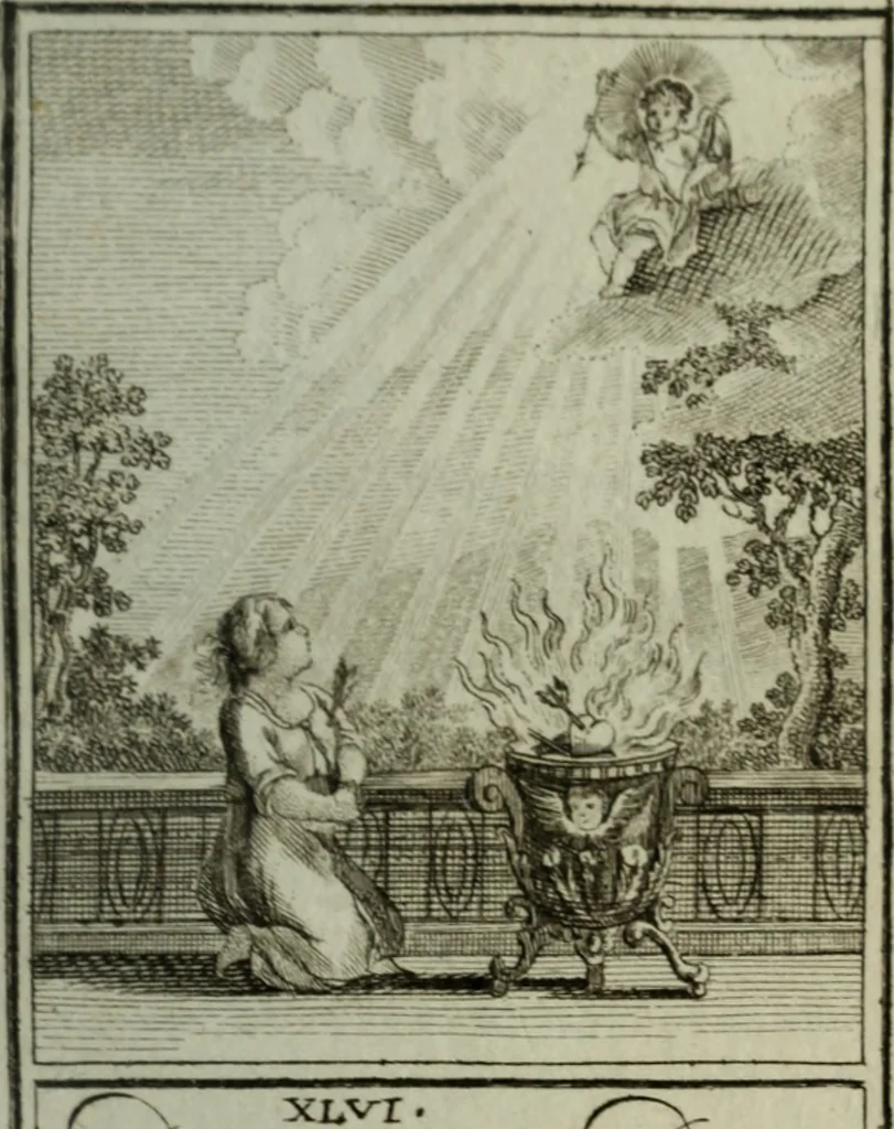 An illustration from L'ame amante de son Dieu, représentée dans les emblemes de Hermannus Hugo, et dans ceux d'Othon Vaenius sur l'amour divin. Avec des figures nouvelles accompagnées de vers qui en font l'application aux dispositions les plus essentielles de la vie intérieure, 1790, leaf 92