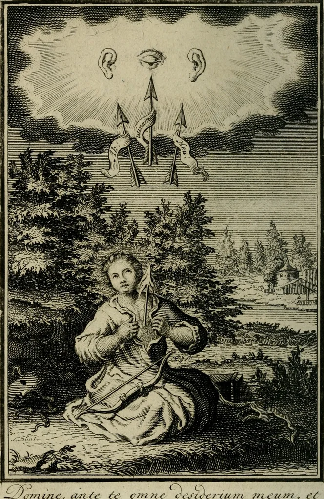 An illustration from L'ame amante de son Dieu, representée dans les emblémes de Hermannus Hugo sur ses pieux desirs: & dans ceux d'Othon Vaenius sur l'amour divin, 1717, leaf 223