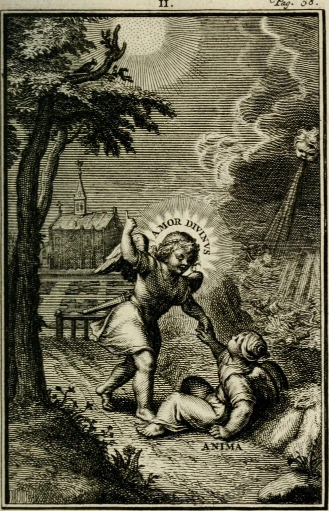 An illustration from L'ame amante de son Dieu, representée dans les emblémes de Hermannus Hugo sur ses pieux desirs: & dans ceux d'Othon Vaenius sur l'amour divin, 1717, leaf 316