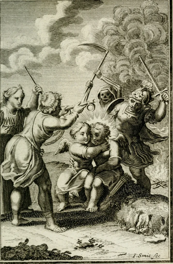 An illustration from L'ame amante de son Dieu, representée dans les emblémes de Hermannus Hugo sur ses pieux desirs: & dans ceux d'Othon Vaenius sur l'amour divin, 1717, leaf 388