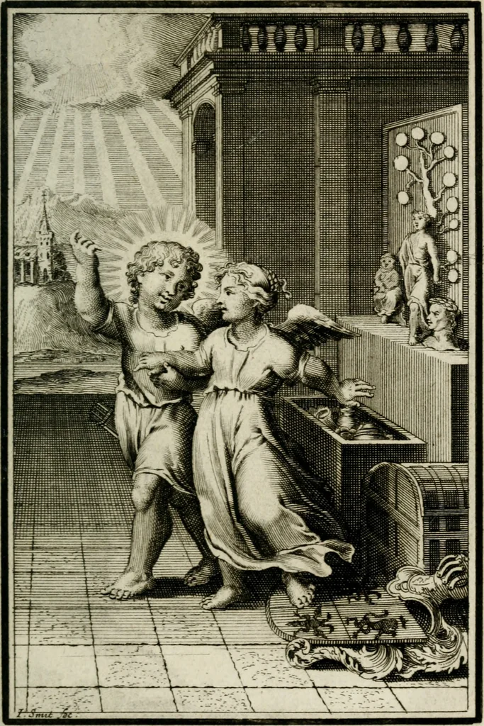 An illustration from L'ame amante de son Dieu, representée dans les emblémes de Hermannus Hugo sur ses pieux desirs: & dans ceux d'Othon Vaenius sur l'amour divin, 1717, leaf 404