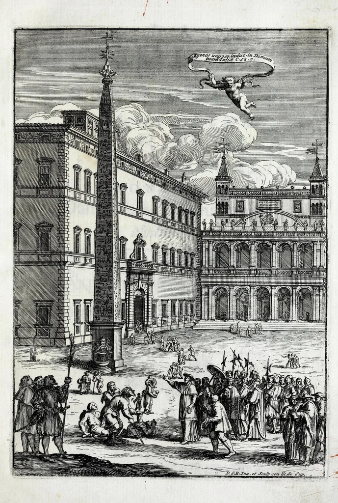 An illustration from La mendicità proveduta, nella città di Roma : coll'ospizio publico, fondato dalla pietà, e benificenza di nostro signore Innocenzo XII. pontefice massimo : con le risposte all'obiezioni contro simili fondazioni, 1693, leaf 5