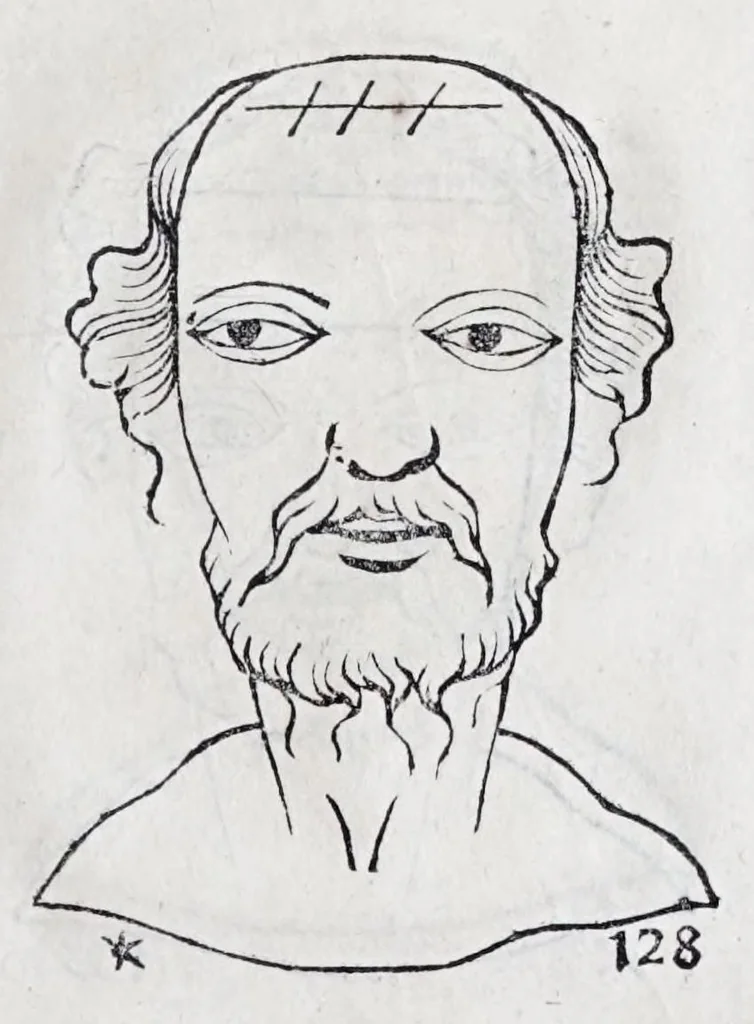 An illustration from La metoposcopie de H. Cardan, medecin milanois : comprise en treize liures, et huit cens figures de la face humaine : a laquelle a esté adjousté, Le traicté des marques naturelles du corps, par Melampus, antien autheur grec : le tout traduit en françois par le sieur C. M. de Laurendiere, docteur en medecine, 1658, leaf 103