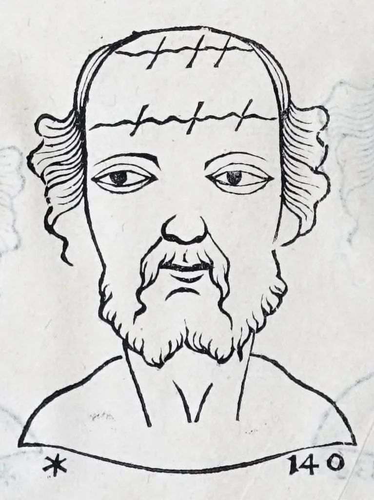An illustration from La metoposcopie de H. Cardan, medecin milanois : comprise en treize liures, et huit cens figures de la face humaine : a laquelle a esté adjousté, Le traicté des marques naturelles du corps, par Melampus, antien autheur grec : le tout traduit en françois par le sieur C. M. de Laurendiere, docteur en medecine, 1658, leaf 106