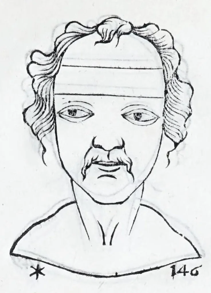 An illustration from La metoposcopie de H. Cardan, medecin milanois : comprise en treize liures, et huit cens figures de la face humaine : a laquelle a esté adjousté, Le traicté des marques naturelles du corps, par Melampus, antien autheur grec : le tout traduit en françois par le sieur C. M. de Laurendiere, docteur en medecine, 1658, leaf 109
