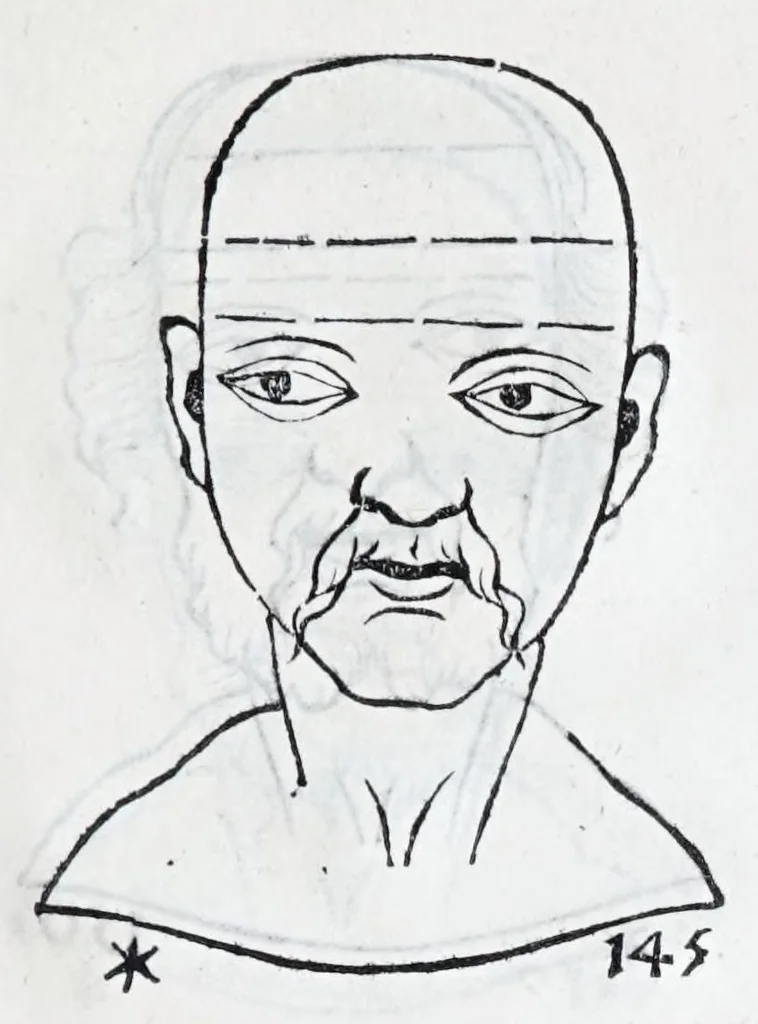 An illustration from La metoposcopie de H. Cardan, medecin milanois : comprise en treize liures, et huit cens figures de la face humaine : a laquelle a esté adjousté, Le traicté des marques naturelles du corps, par Melampus, antien autheur grec : le tout traduit en françois par le sieur C. M. de Laurendiere, docteur en medecine, 1658, leaf 109